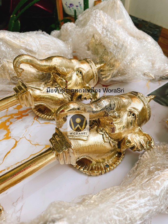 มือจับประตูโบราณทองเหลืองรูปช้างคู่ 1
