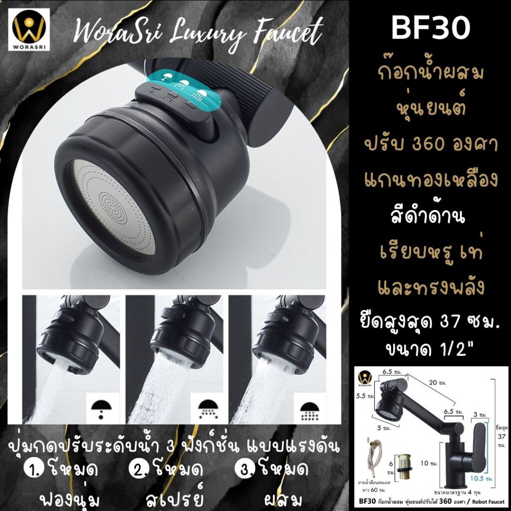 BF30ก๊อกน้ำผสมหุ่นยนต์สีดำด้านหมุน360องศาเรียบหรูเท่มีสไตล์ลอฟท์นอร์ดิค 3