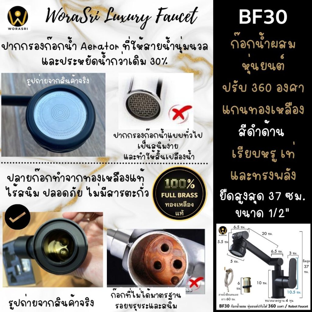 BF30ก๊อกน้ำผสมหุ่นยนต์สีดำด้านหมุน360องศาเรียบหรูเท่มีสไตล์ลอฟท์นอร์ดิค 7