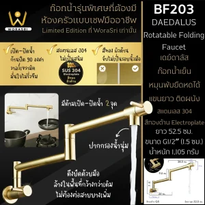 ก๊อกซิงค์หมุนพับยืดหดได้ติดผนัง สีทองด้าน ยาว 52.5 ซม. BF203 Rotatable Folding Long Arm Faucet