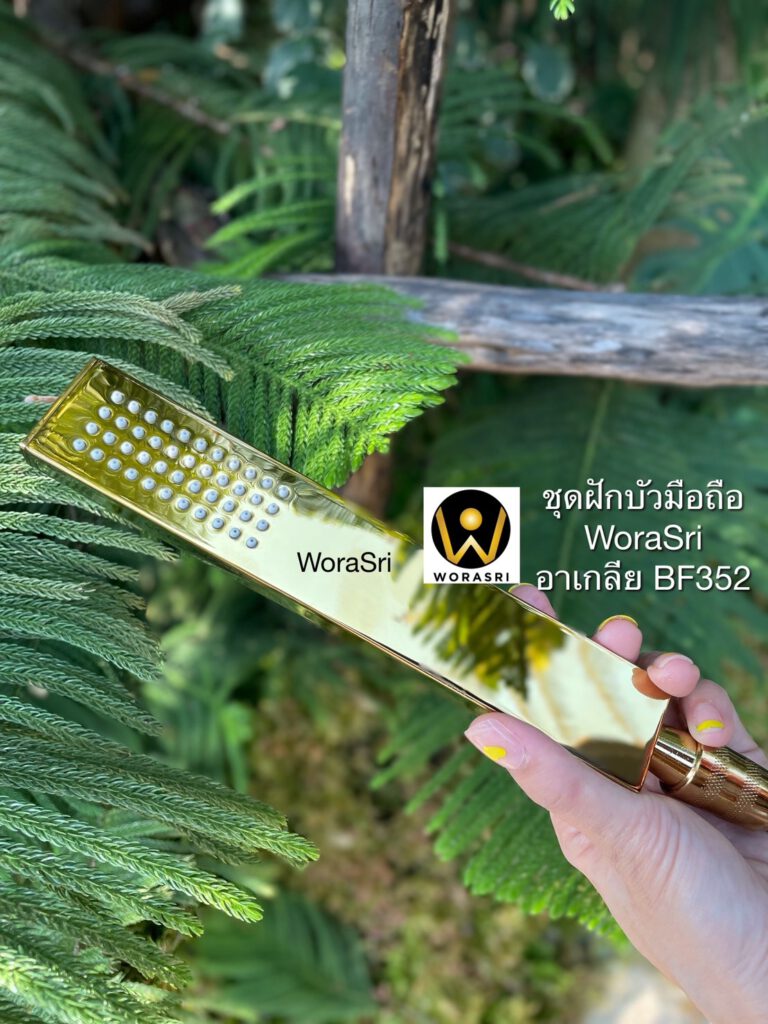 BF352 ชุดฝักบัวมือถือพร้อมสายและขอแขวนสีทองเงาทรงสี่เหลี่ยมยาว2
