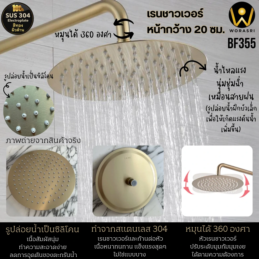 ชุดเรนชาวเวอร์ฝังผนังสีทอง ฝักบัว BF355 รุ่นพรีเมี่ยม Concealed in wall Rain Shower Set - Image 4