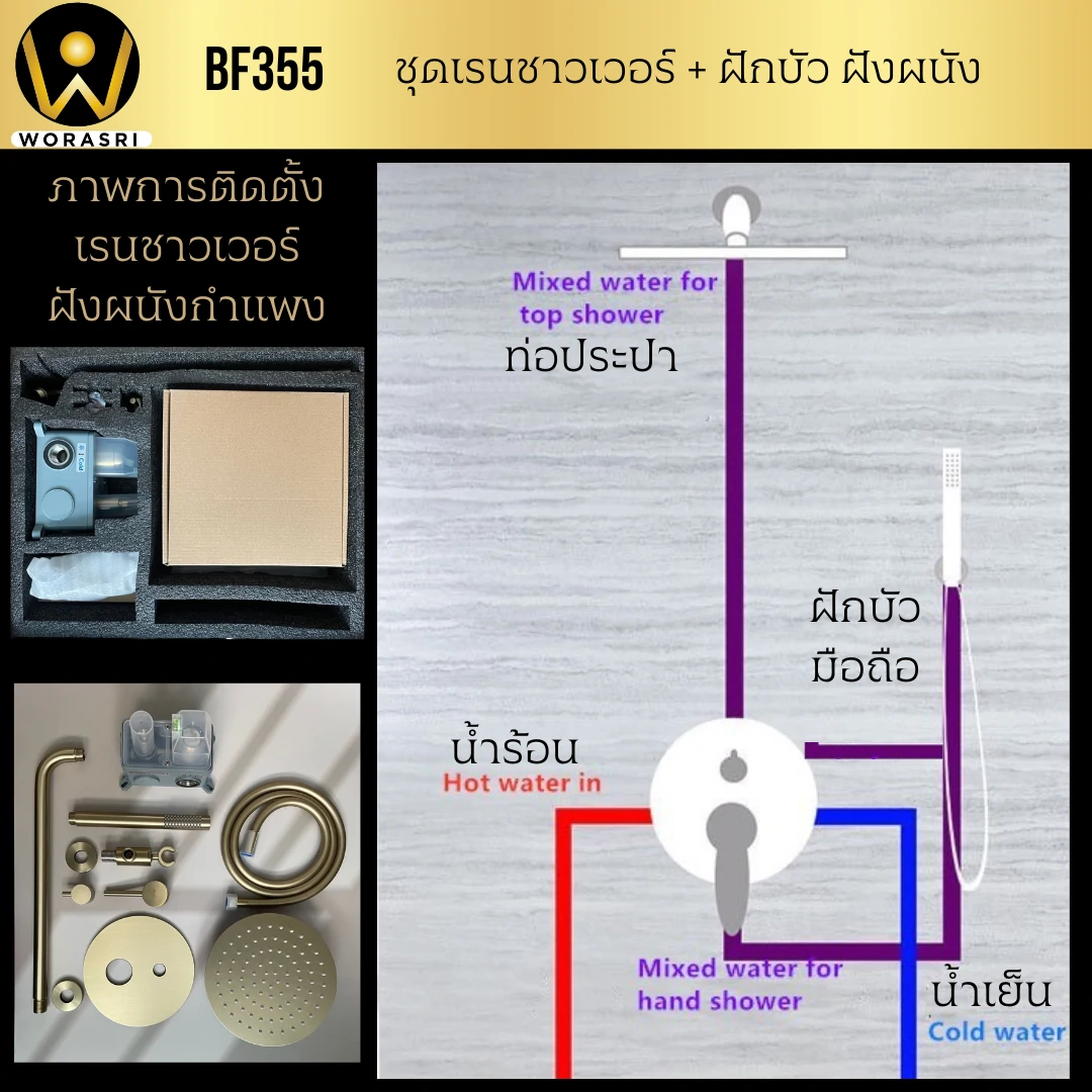ชุดเรนชาวเวอร์ฝังผนังสีทอง ฝักบัว BF355 รุ่นพรีเมี่ยม Concealed in wall Rain Shower Set - Image 8
