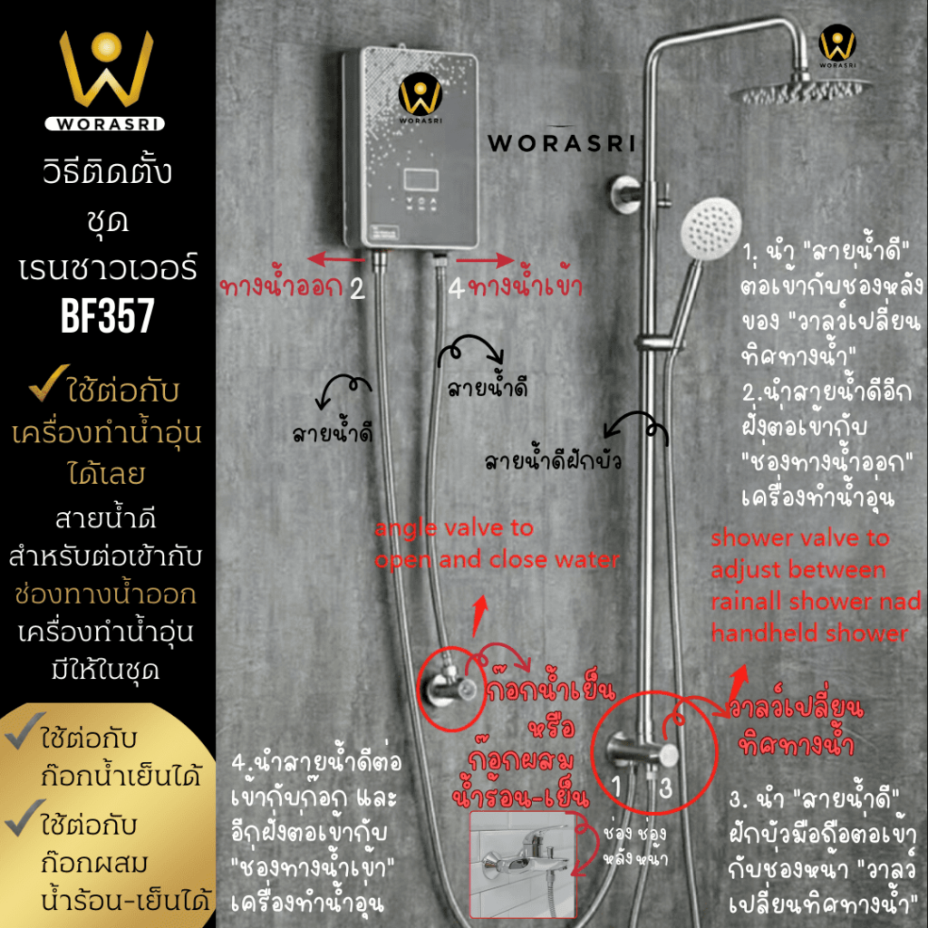 BF357 Rain Shower set brushed gold use with water heater Worasri 7