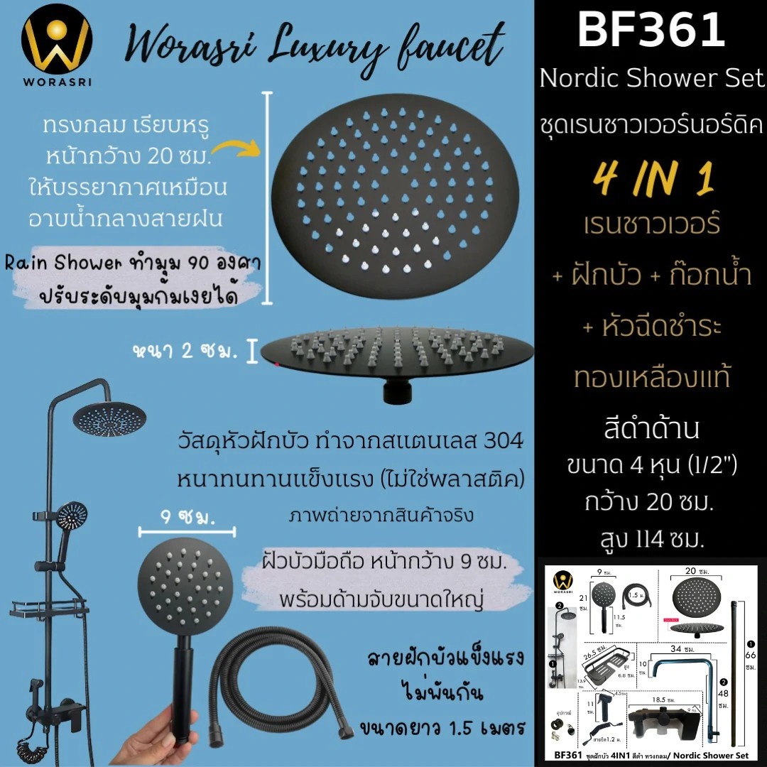 ชุดเรนชาวเวอร์สีดำด้าน BF361 Nordic Wall Shower - Image 11
