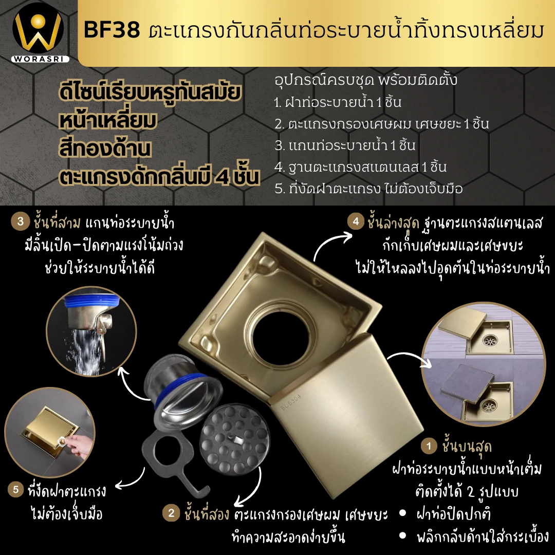ตะแกรงกันกลิ่นท่อระบายน้ำทิ้งทรงเหลี่ยมสีทอง BR38 Golden Square Shower Drain - Image 3