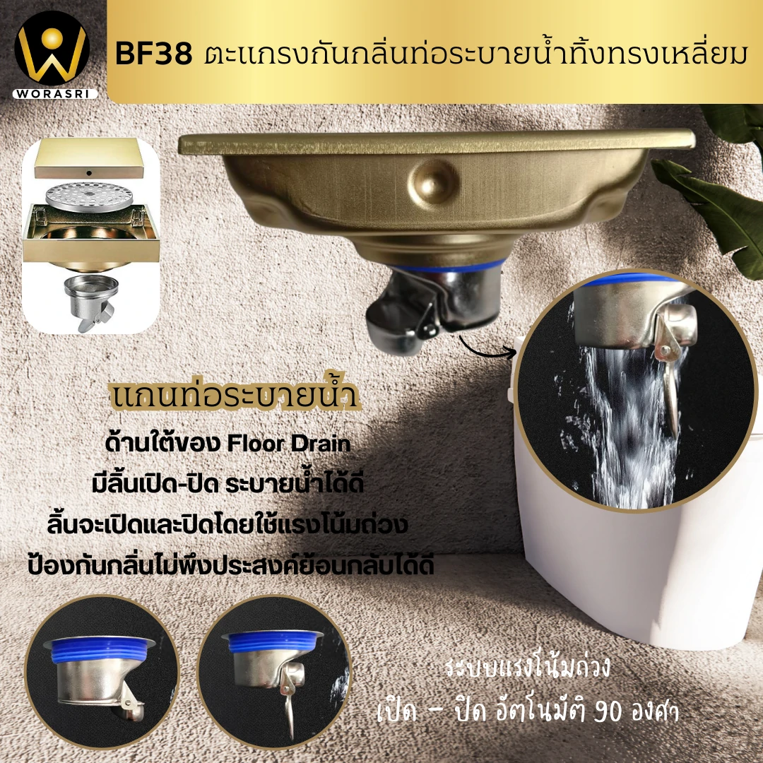ตะแกรงกันกลิ่นท่อระบายน้ำทิ้งทรงเหลี่ยมสีทอง BR38 Golden Square Shower Drain - Image 5