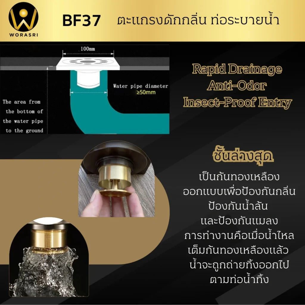 ฝาครอบท่อสแตนเลสตะแกรงรางระบายท่อน้ำทิ้งดักกลิ่นกันแมลงสาบในห้องน้ำทรงสี่เหลี่ยม