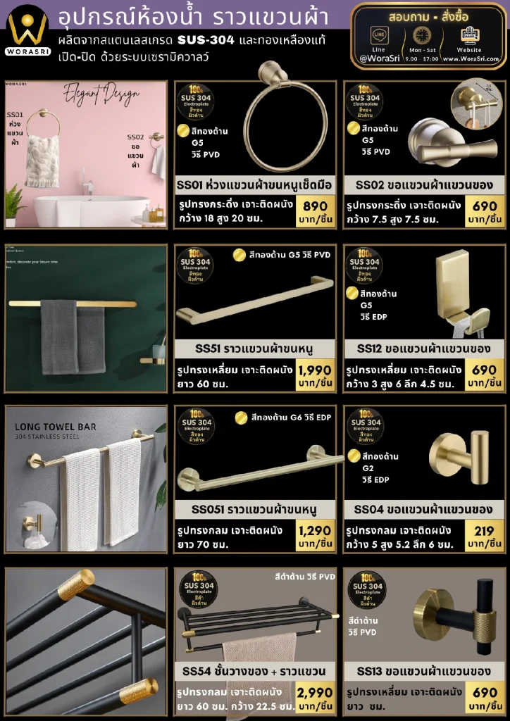 ราวตะขอแขวนสแตนเลสติดผนังชั้นวางผ้าขนหนูเช็ดตัวในห้องน้ำ