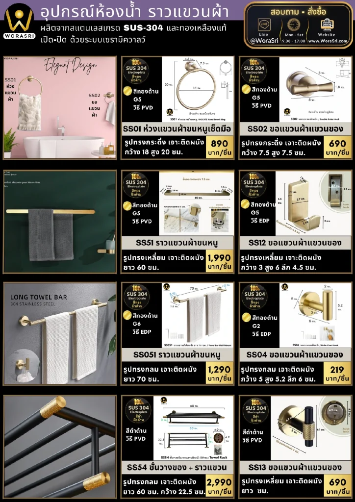 ราวตะขอแขวนสแตนเลสติดผนังชั้นวางผ้าขนหนูเช็ดตัวในห้องน้ำ